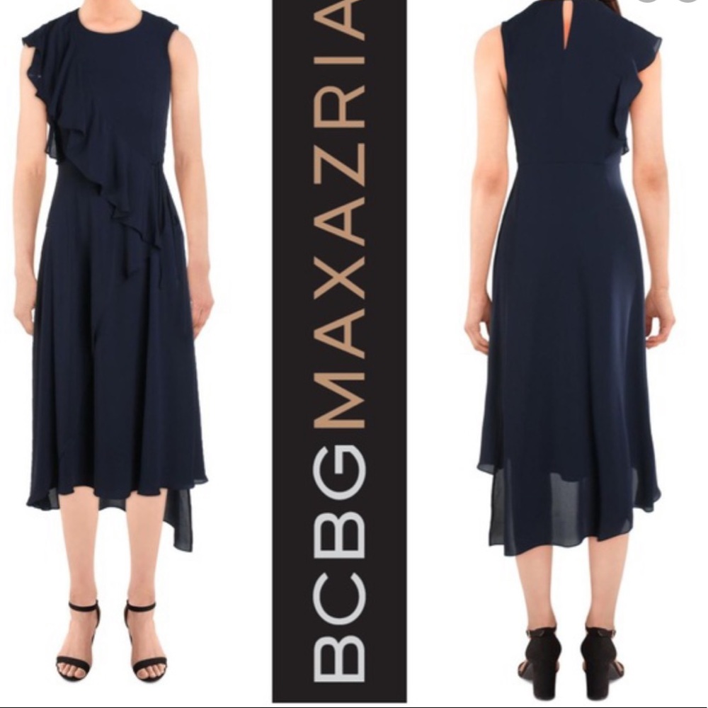 NWT BCBGMAXAZRIA Navy Faux Wrap Ruffled Dress